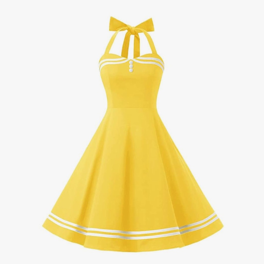 Yellow Halter Dress White Trim Fit & Flare ‘60’s Retro Style Rockabilly L